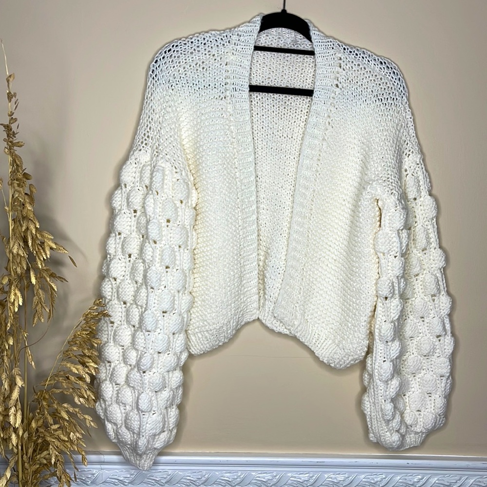Chunky White Hand Knitted Cardigan with Bubble sleeves
